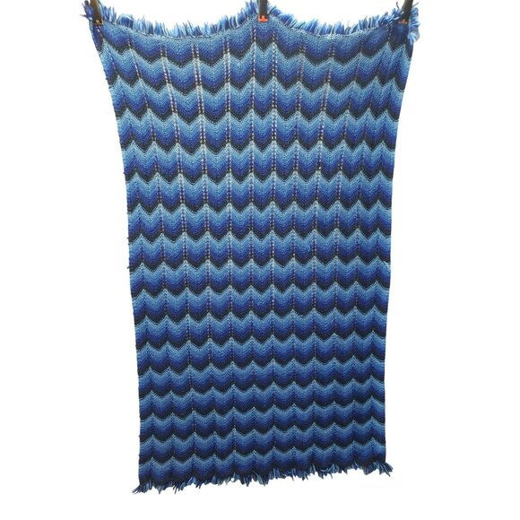 Blue & Black Chevron Afghan Lap Blanket with Fringe approx. 37" W x 65" L